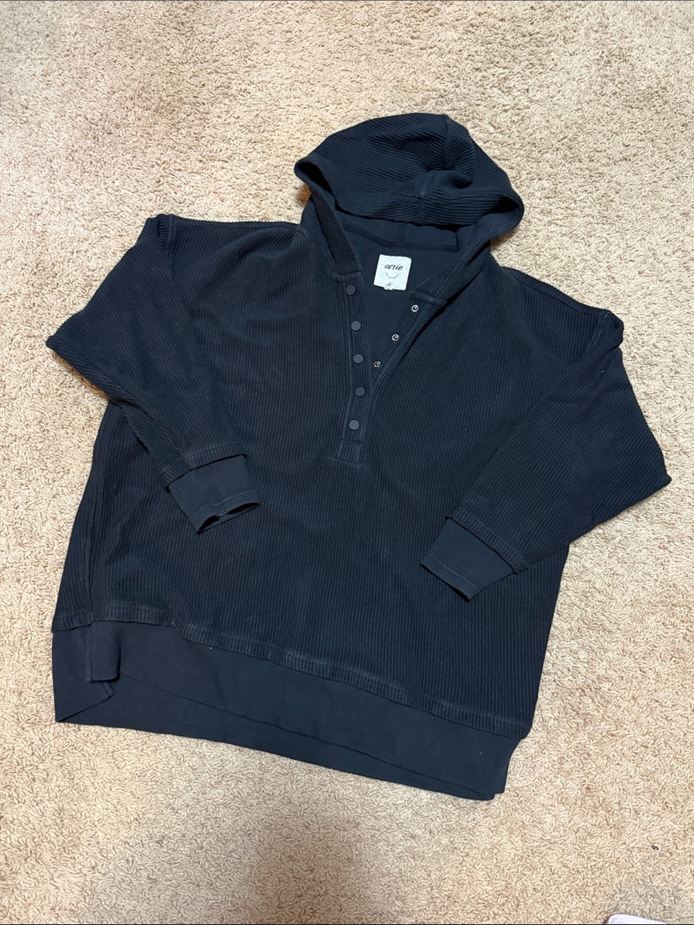 aerie Black Hooded Waffle Henley Oversized Sweatshirt